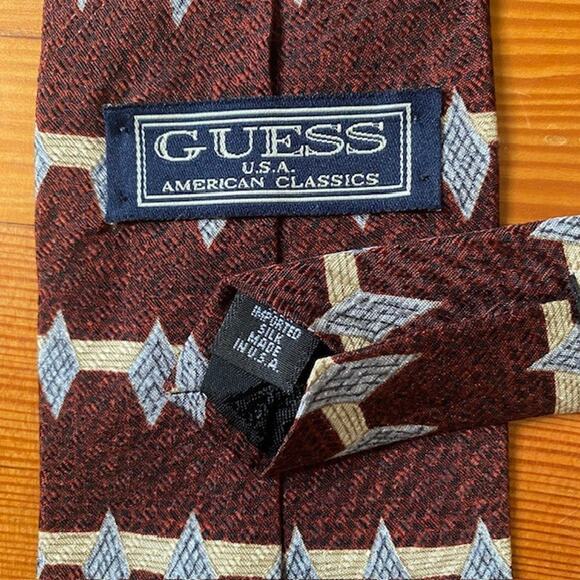 Guess Vintage Retro Imported Silk Tie Made in USA American Classic Gold Burgundy - Picture 2 of 6